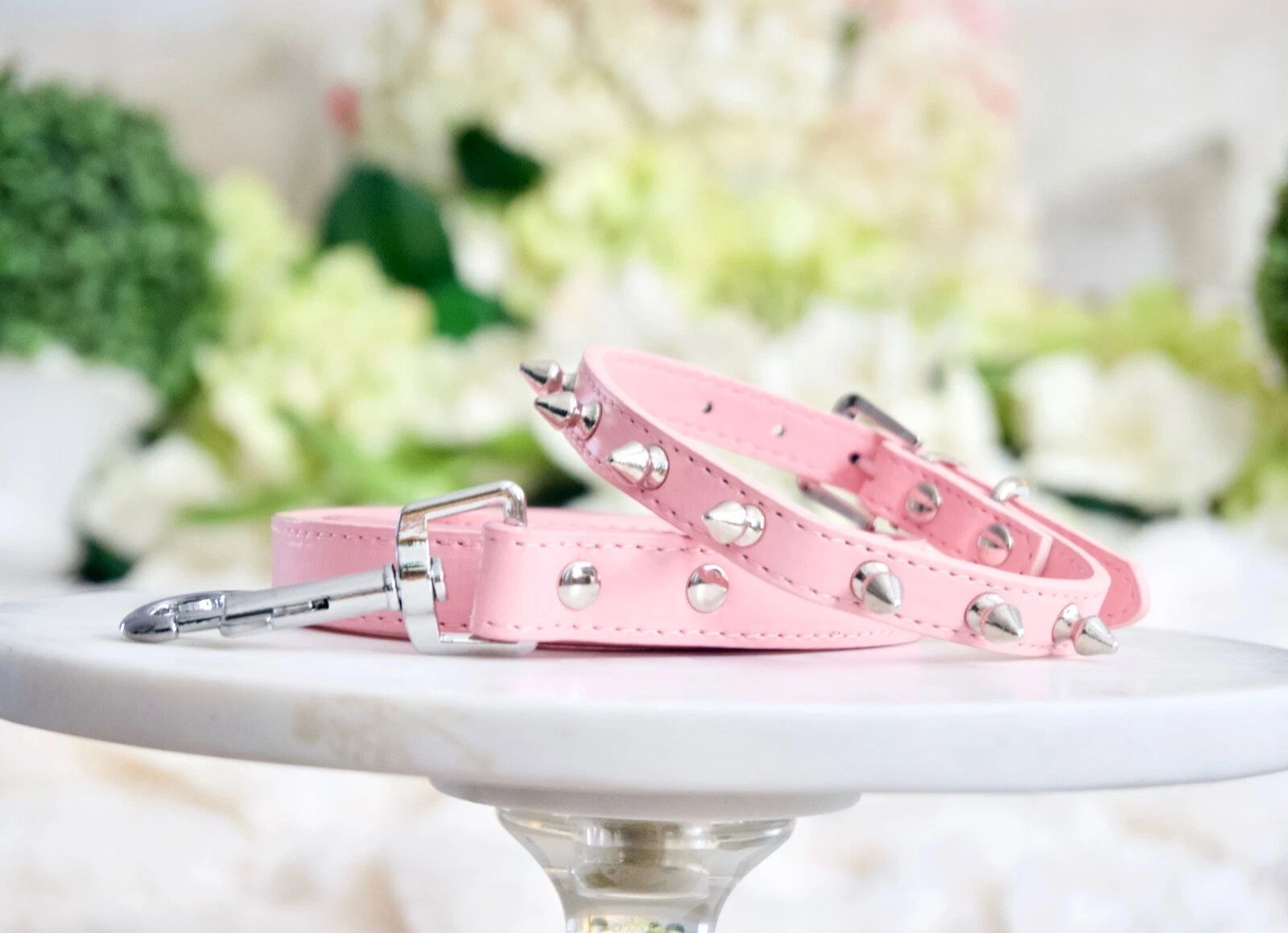 2 Piece Set Luxury Vegan Matte Pink Spike Dog Collar + Leash Enchanted Pets Cats