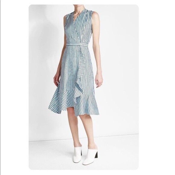 carven blue dress Striped Midi Size 40 Ruffle Hem V Neck evening dress with scarf the skater dress features 16Arlington Dresses for Women Ladies dresses Sleeve Length:Standard - 38.5