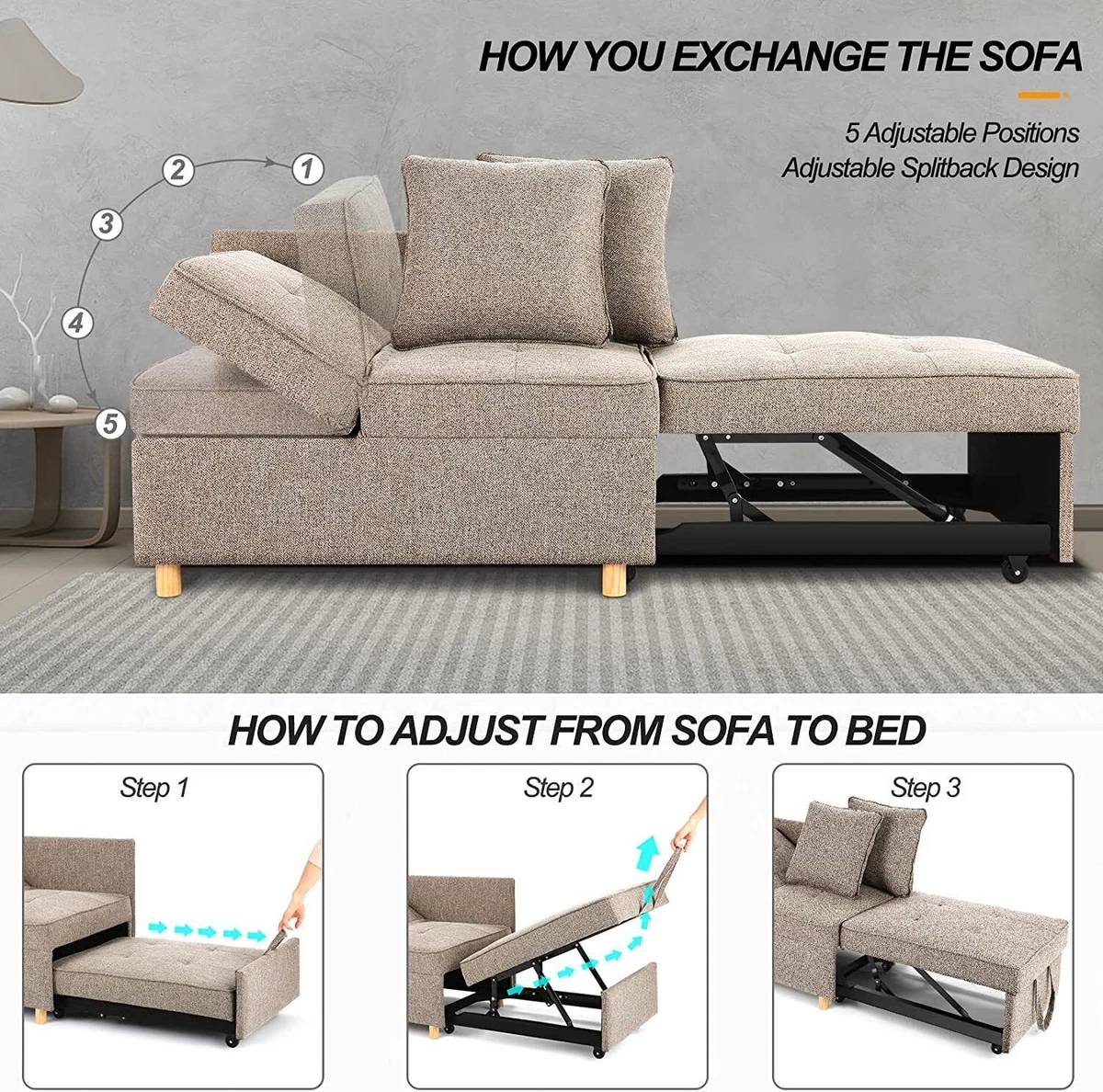 Sofa Bed Chair 4in1*Convertible Chair Bed Folding Single Recliner Sleeper  Sofa:)