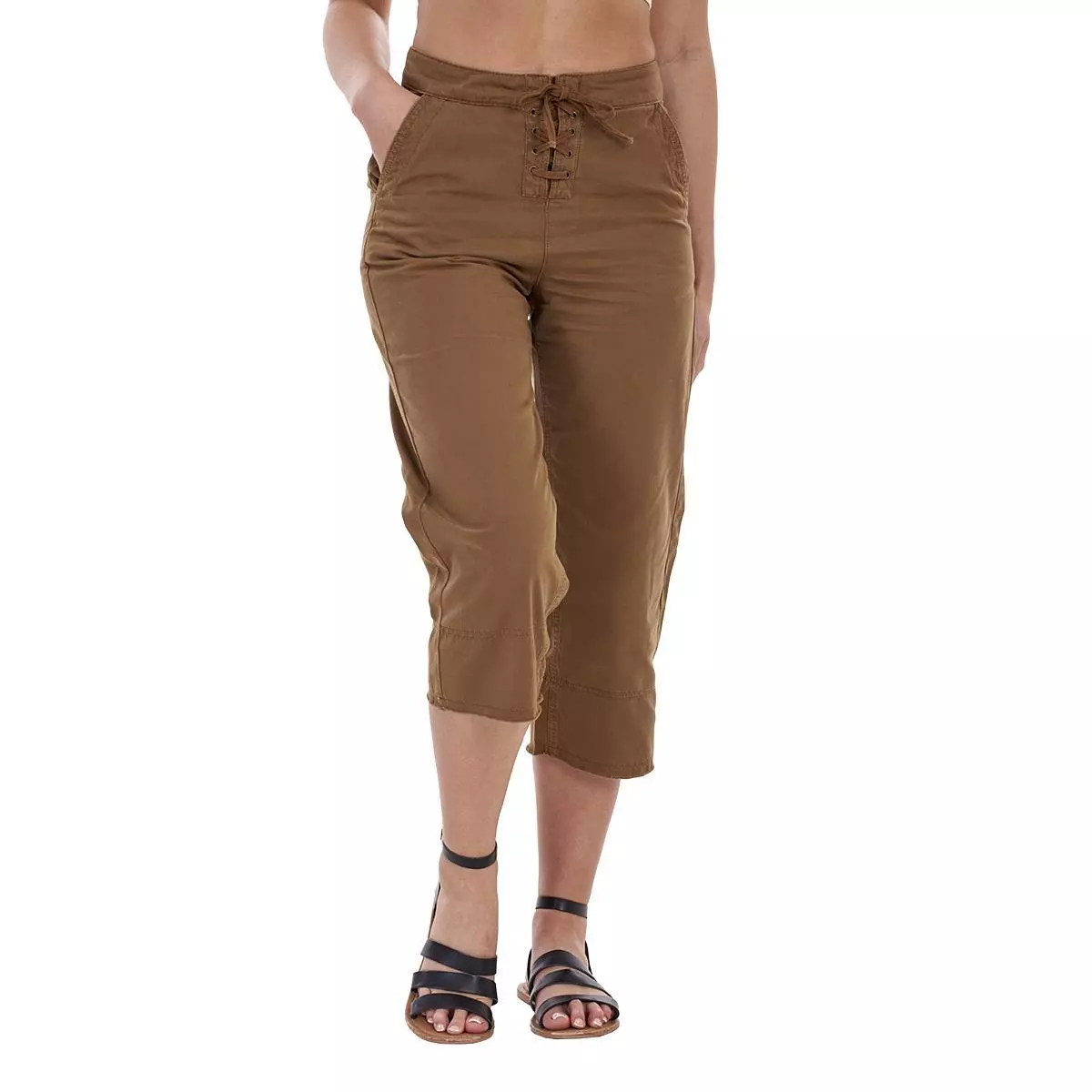 Ladies Cropped Wide Leg Brown Crop Pure Cotton Capri Trousers Pants