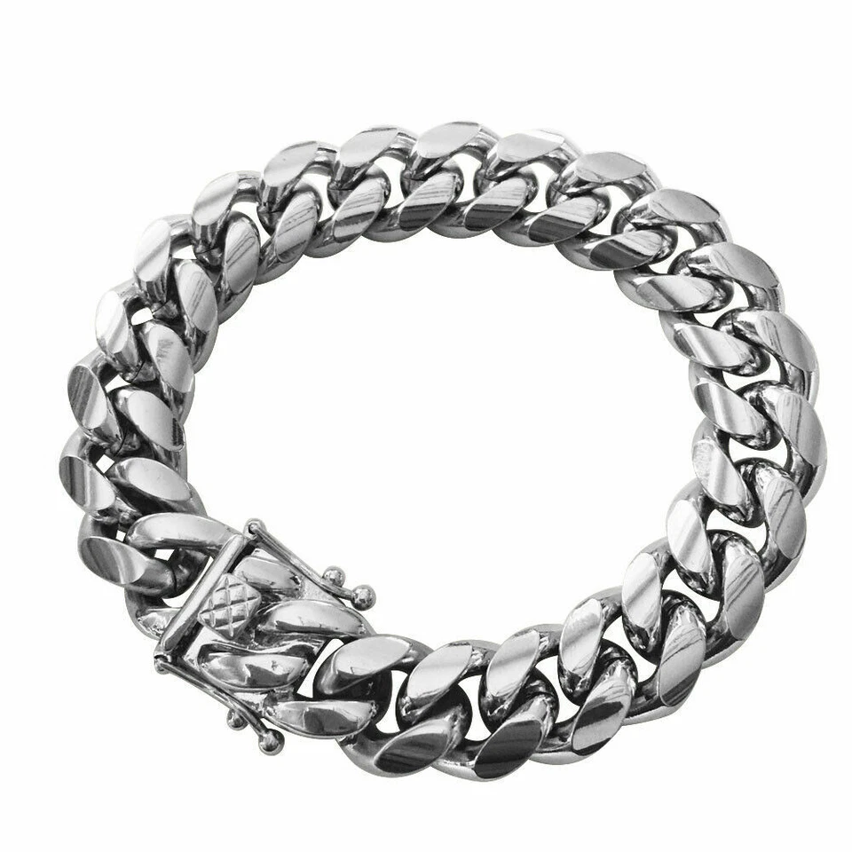 8mm-14mm Solid Miami Cuban Link Bracelet Silver Stainless Steel for Men Hip Hop - Image 2 of 4