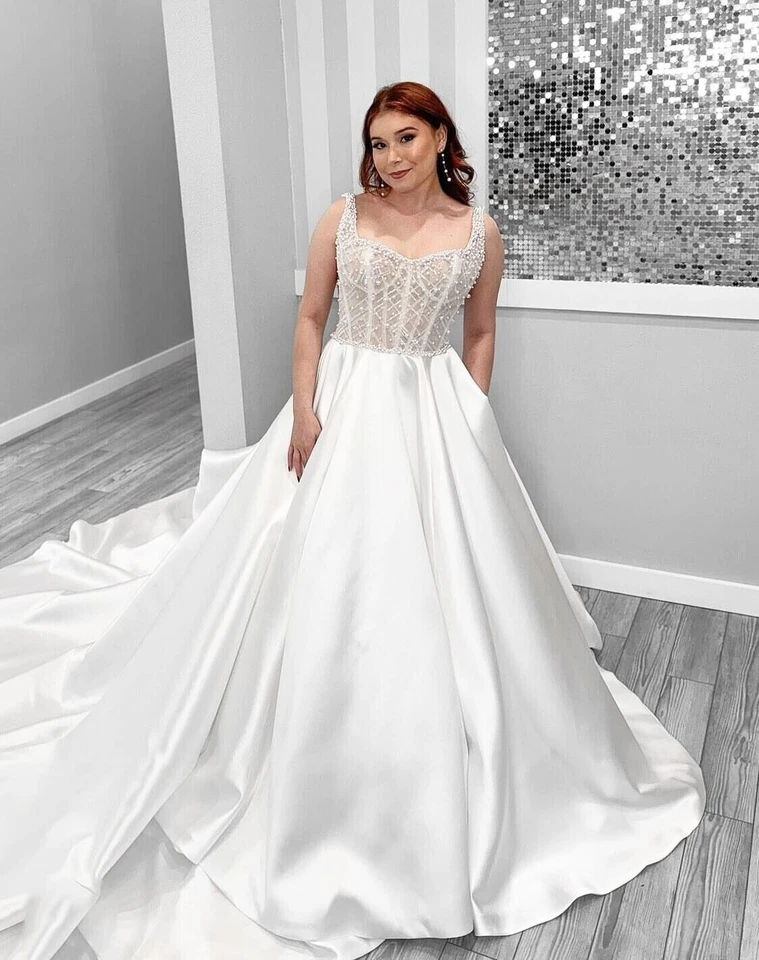 Elegantes vestidos de noiva de cetim com alças de miçangas sem costas gola quadrada vestidos de noiva - Imagem 2 de 4