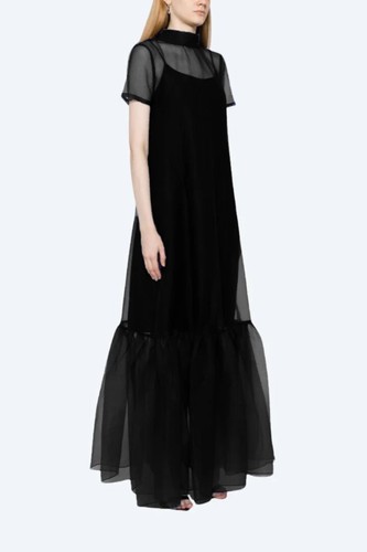 Mujeres Cuello Alto Transparente Organza Vestido Escote Redondo Espalda Funcional Corbata Lazo Volantes Dobladillo - Imagen 2 de 5