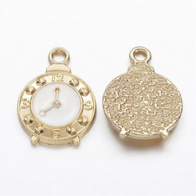 2 Clock Charms Gold Steampunk Pendants Enamel Pocket Watch Pieces White