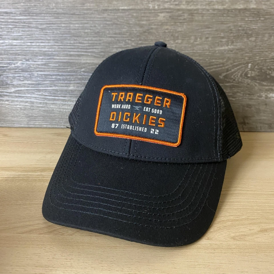 Gorra Traeger Dickies Snap Back Negro Naranja Malla Camionero Parche Hombres Trabajo Duro Foto 3 de 4