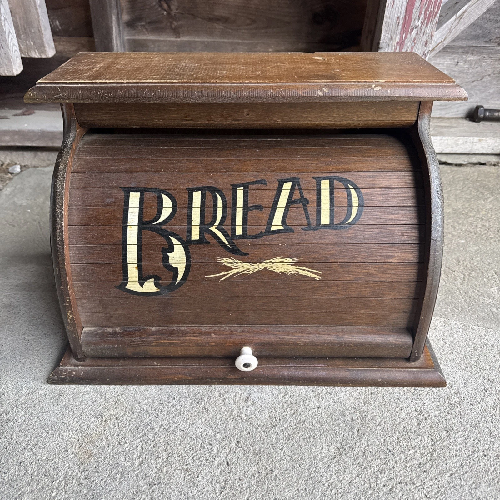 Vintage Roll Top BREAD BOX Storage Primitive Rustic Farmhouse Wooden Wood