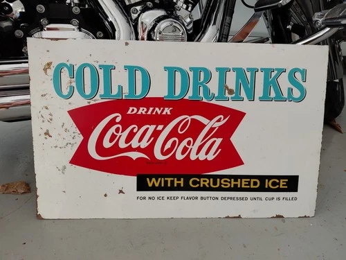 c.1960 Original Vintage Drink Coca Cola Sign Metal Fishtail Cold Drinks Fountain
