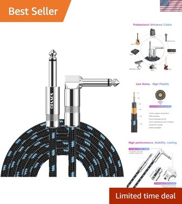 10FT Braided Electric Guitar Cable with Right Angle Connector - Acoustic & Bass