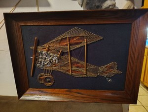 Vintage copper String  nut n bolt Art n Board Airplane Biplane Aviation Art Disp