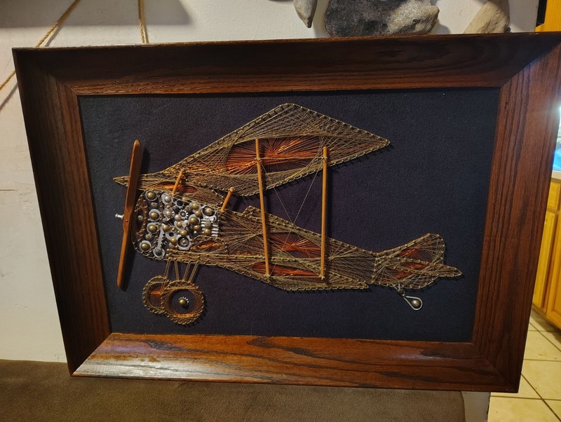 Vintage copper String  nut n bolt Art n Board Airplane Biplane Aviation Art Disp