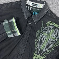 Roar Signature Shirt Men XL Black Embroidered Grunge Cross Y2K Biker Flip Cuff *