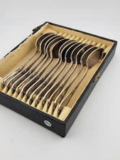 Antique Set Of 12 Small Silver Plated Spoons in Case from Ercuis Pompadour.