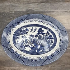 English Churchill Blue Willow Porcelain 14.5" Oval Serving Platter *flaws*