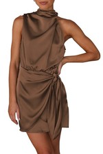 Women's Short Satin Dress Summer Sleeveless Mock Neck Tie Waist Cocktail Dress