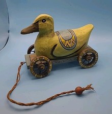 Vintage 1990 Hand Carved Painted Duck Wooden Pull Toy Decoration Wheels Saddle