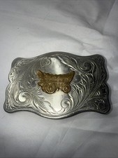 VINTAGE WESTERN BELT BUCKLE  BRASS COVERED WAGON  ETCHED NICKEL SILVER