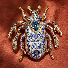 Blue White Beetle Brooch Enamel Rhinestone Floral Insect Pin Bug Jewelry Gift