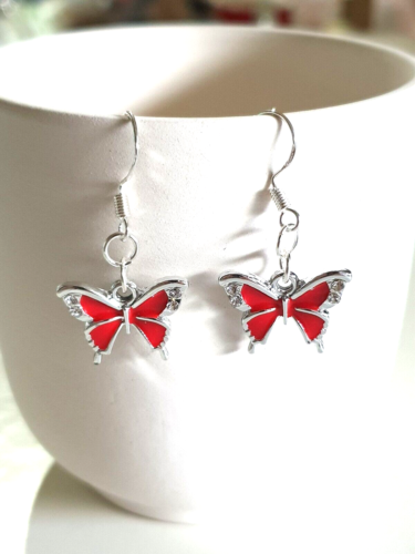 Pretty Red Enamel Crystal Butterfly 925 Sterling Silver Plated Earrings - Picture 1 of 8