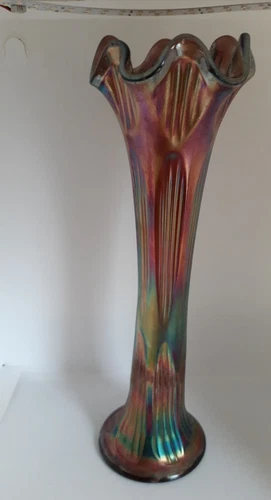 Vintage Fenton Diamond And Rib Pattern Amethyst Carnival Glass Swung Vase 12"