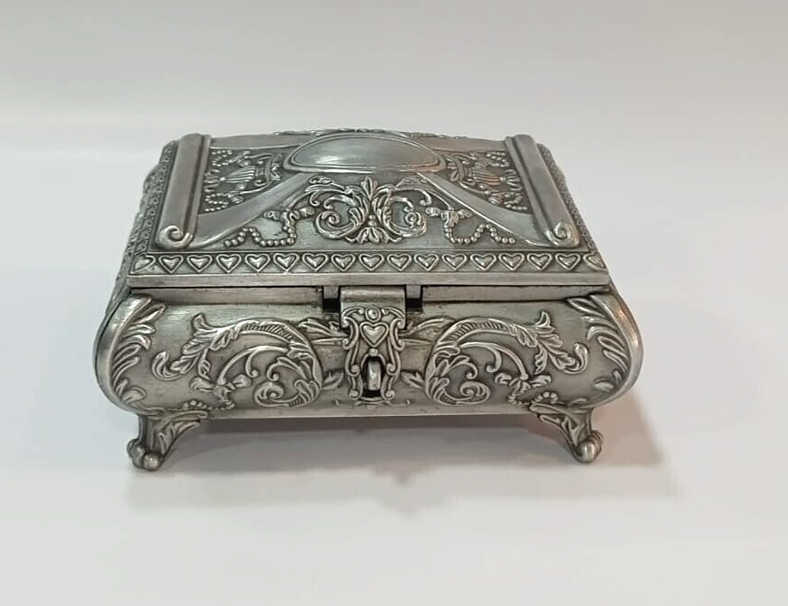 Antique Brass Silver Plated Hand Engraved Velvet Lined Jewelry Trinket Box-image