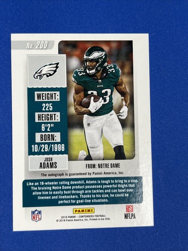 2018 Panini Contenders Ticket Stubs Josh Adams #200 Rookie Auto RC Eagles⚪️0225 - Picture 2 of 2