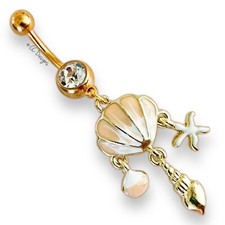 14g Oro IP Blanco Cz Cuelga Oro Rosa Blanco Conchas Marinas Concha Anillo Vientre (B40/41)