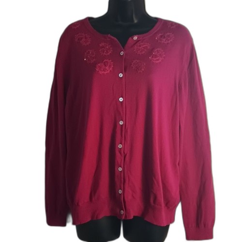 Lands' End Cardigan Size XL Barbiecore Pink Paisley Embroidered Sequins Sweater - 第 1/12 張圖片