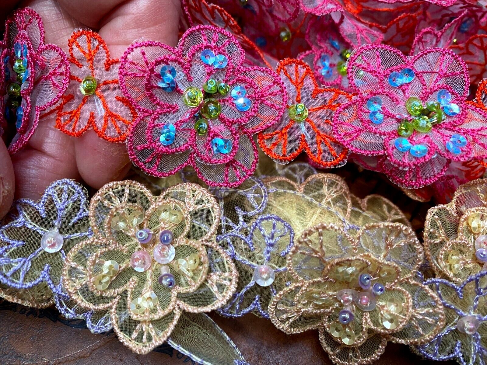 embroidered trim bead flower layered hand sewn 1.5" sequins 1 yd eBay