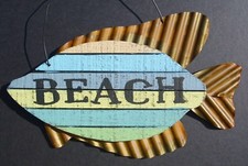 BEACH WOOD METAL SIGN Seaside Tropical Coastal Nautical Home Wall Decor 10"x7"