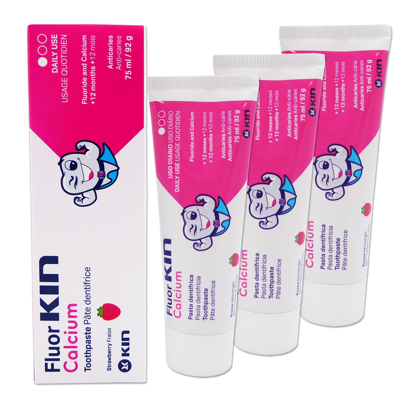 Fluor Kin Toothpaste x 3 ~ Strawberry Flavour Childrens 75ml Calcium for Kids