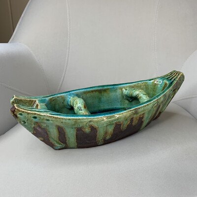 Canoe Glazed Stoneware Turquoise Drip Fused Blue Glass Bottom Statement Piece