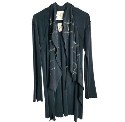 #ad Burning Torch Silk Blend Cardigan Womens M Faded Black Cascade Front Embroidered $38.95