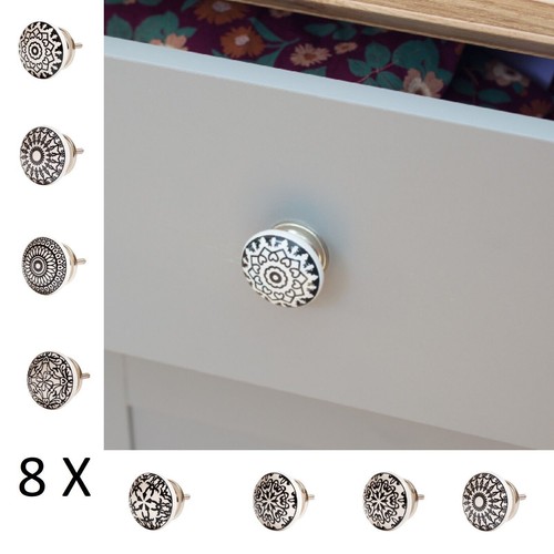 8 X Möbelknöpfe Set Griffe Schwarz Weiß Keramik Knöpfe Knäufe Knober Ornament - Bild 13 von 13