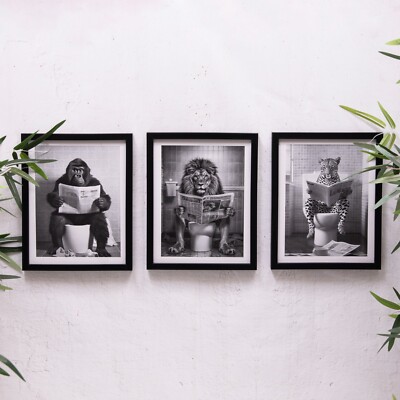 Löwe, Gorilla, Gepard Druck auf Toilette schwarz gerahmt Leinwand Bild Wandbild