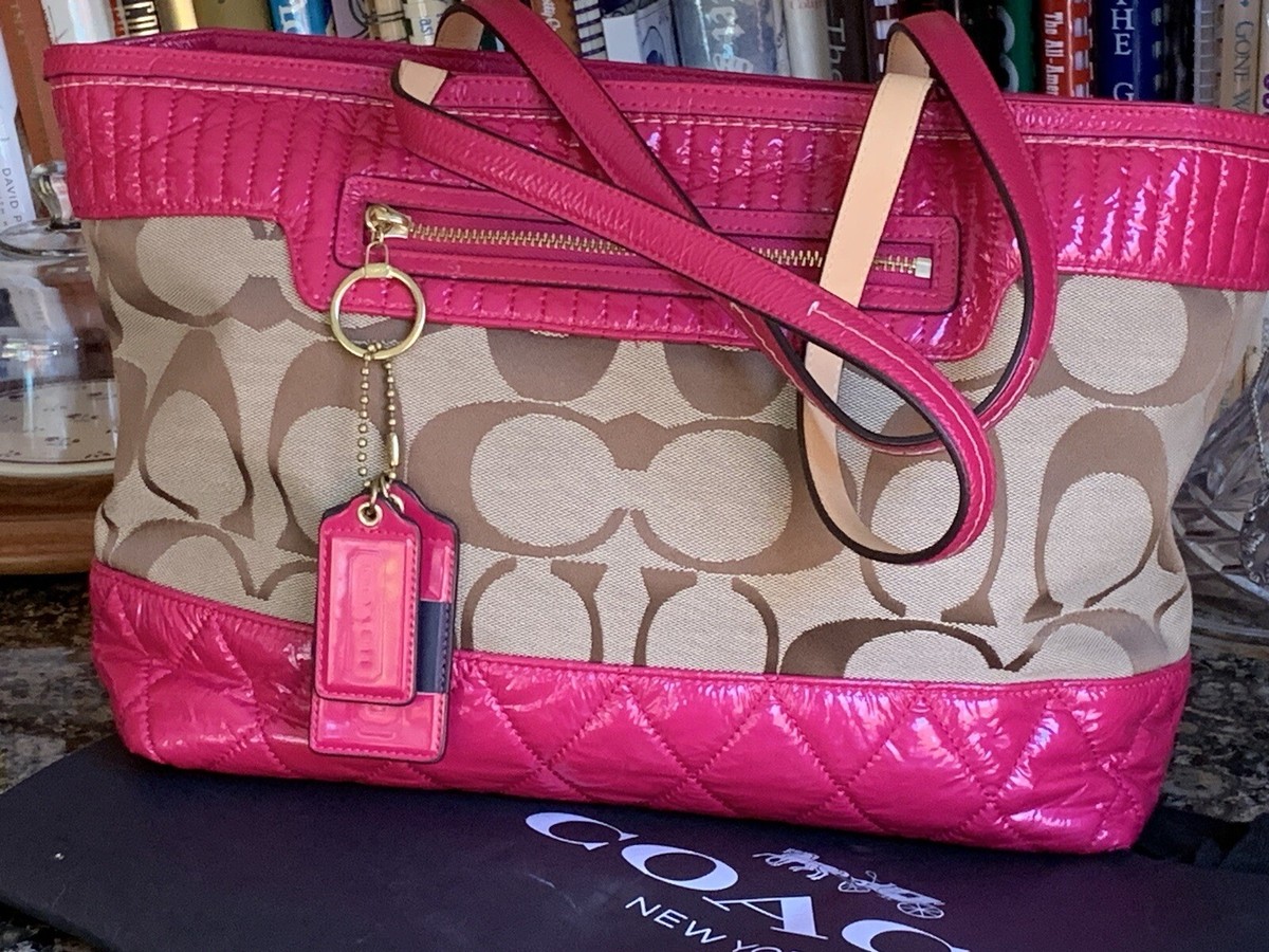 Coach Pink Poppy Gloss Patent Leather/Canvas Shoulder Top Zipper