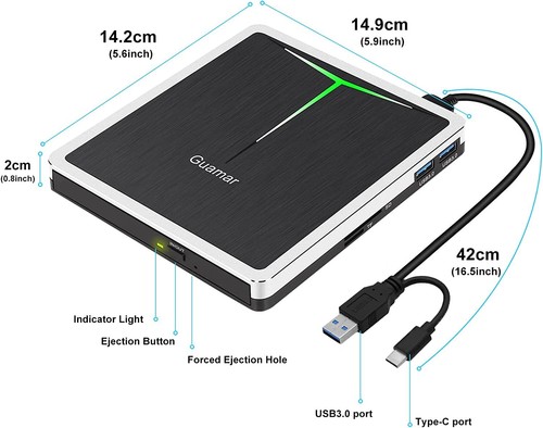 External CD DVD Drive, USB 3.0 USB-C CD/DVD+/-RW Burner Writer Portable CD ROM - Picture 4 of 9
