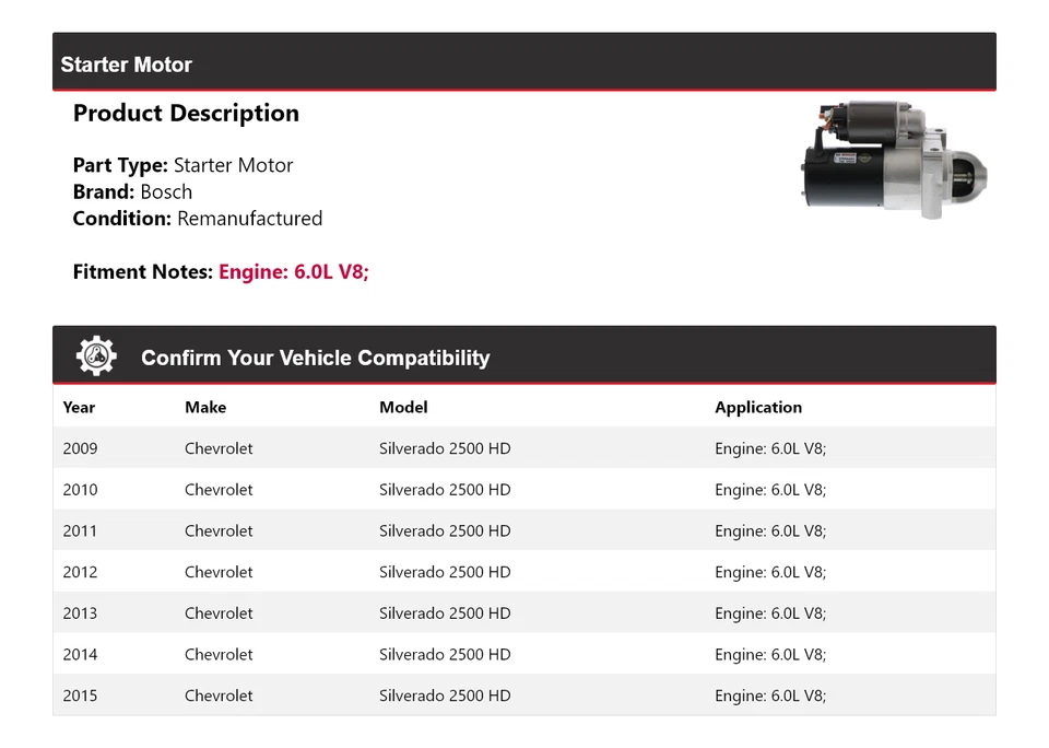Para 2009-2015 Chevrolet Silverado 2500 HD 6.0L V8 Bosch Starter (Remanufaturado) - Imagem 2 de 4