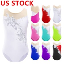 Kids Girls Sleeveless Gymnastic Leotard Mesh Patchwork Sequins Ballet Dance