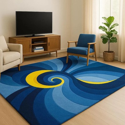Modern Abstract Hand-Tufted Rug Blue & Yellow Spiral Premium Wool Carpet Design