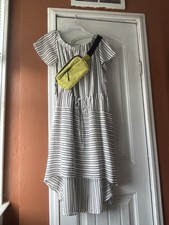 Halston Striped Hi-Low Off-the-Shoulder Drawstring Dress White Black Size M