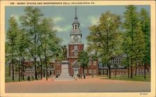 Vintage Barry Statue and Independence Hall Philadelphia PA Curt Teich Postcard