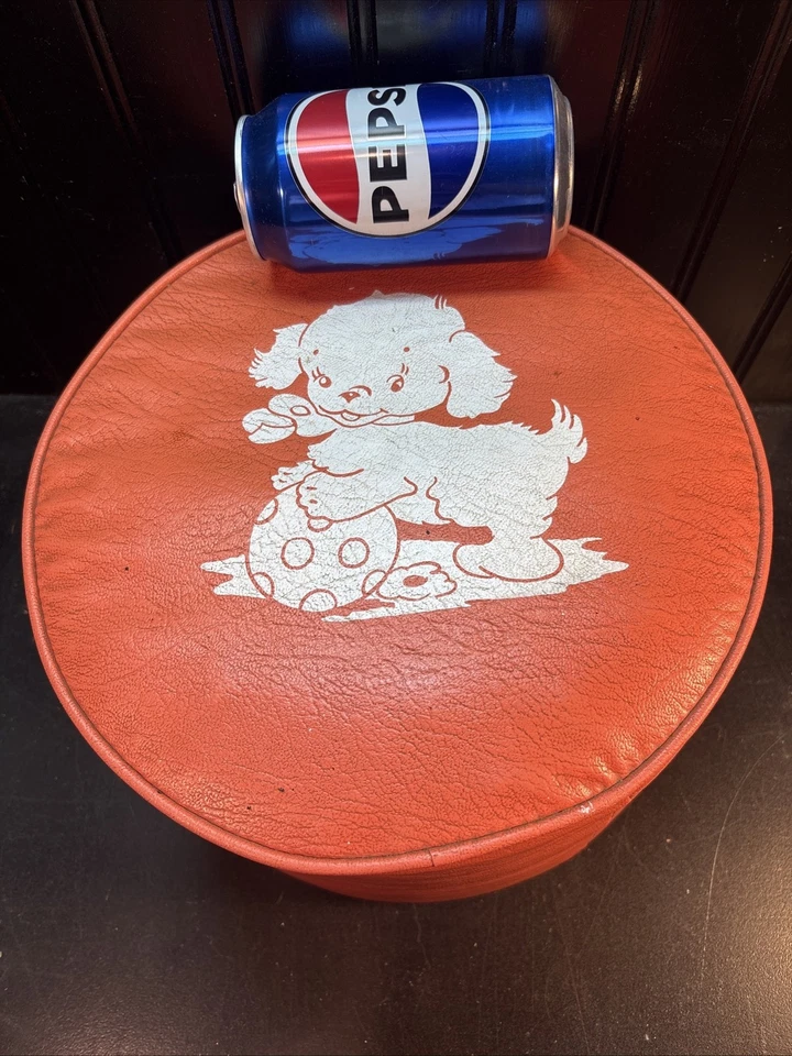 VTG Small Child’s MCM 70’s Orange Naugahyde Vinyl OTTOMAN Foot Stool Dog Decal - Image 3 of 4
