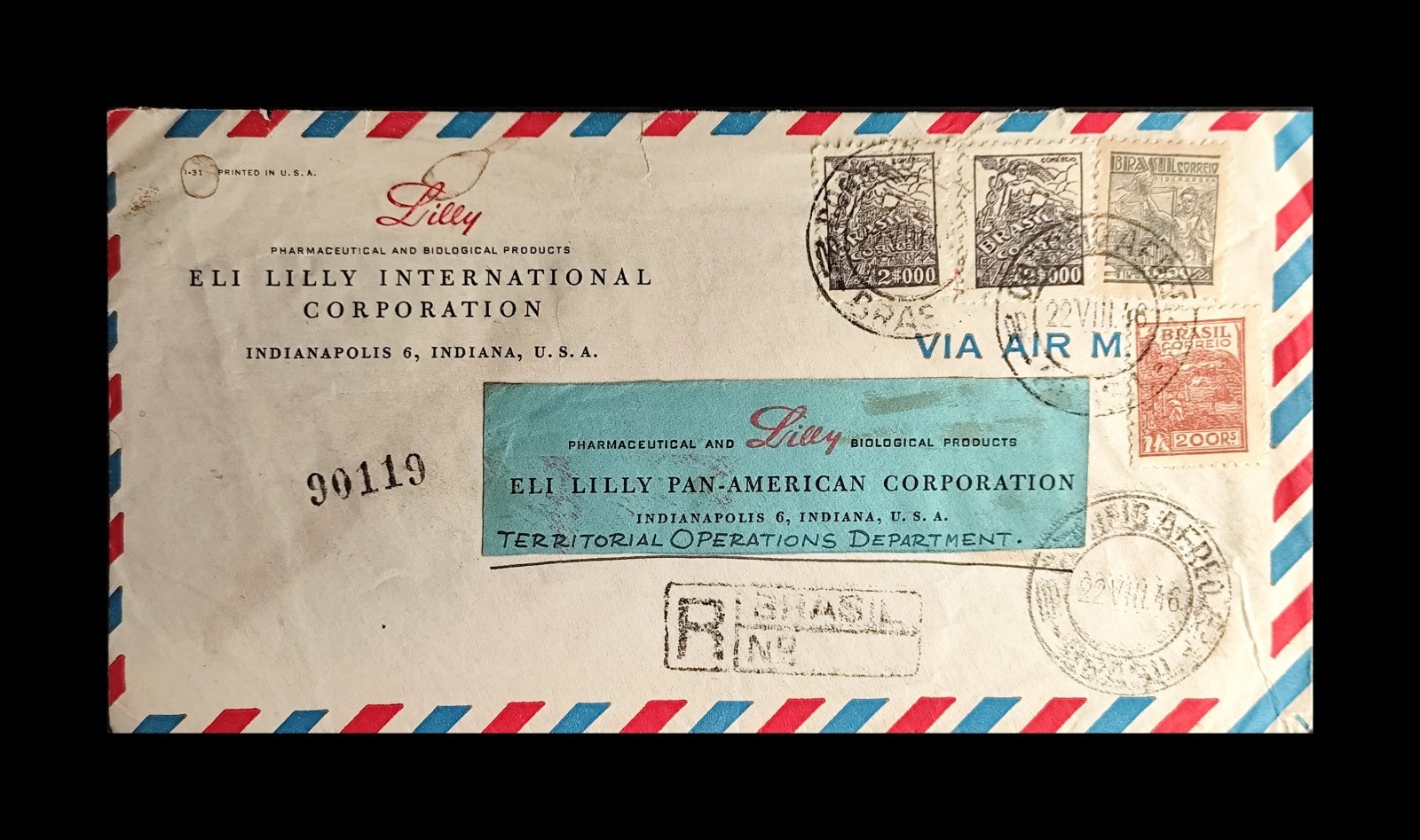Pharmaceutical Eli Lilly Int. Corp. Cover Brazil 1946 to Indianapolis U.S.A.