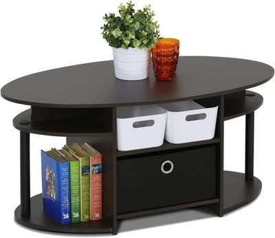 Jaya Simple Design Oval Coffee Table with Bin for Living Room, Walnut
