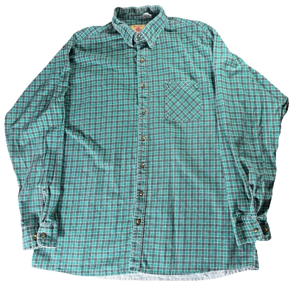 VTG 80s 90s Red Oak Ranch Apparel Flannel Shirt Men XL Tall Green Plaid USA Made - Image 2 of 4