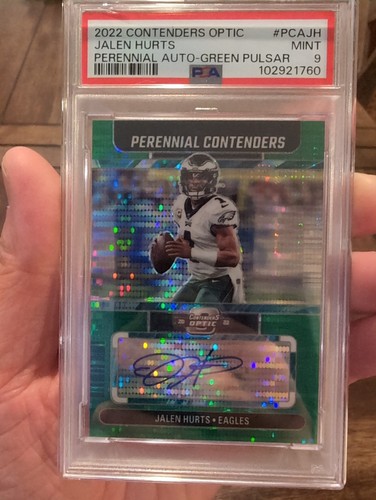 Panini 2022 Contenders Optic Jalen Hurts Perennial Auto Green Pulsar /20 PSA 9