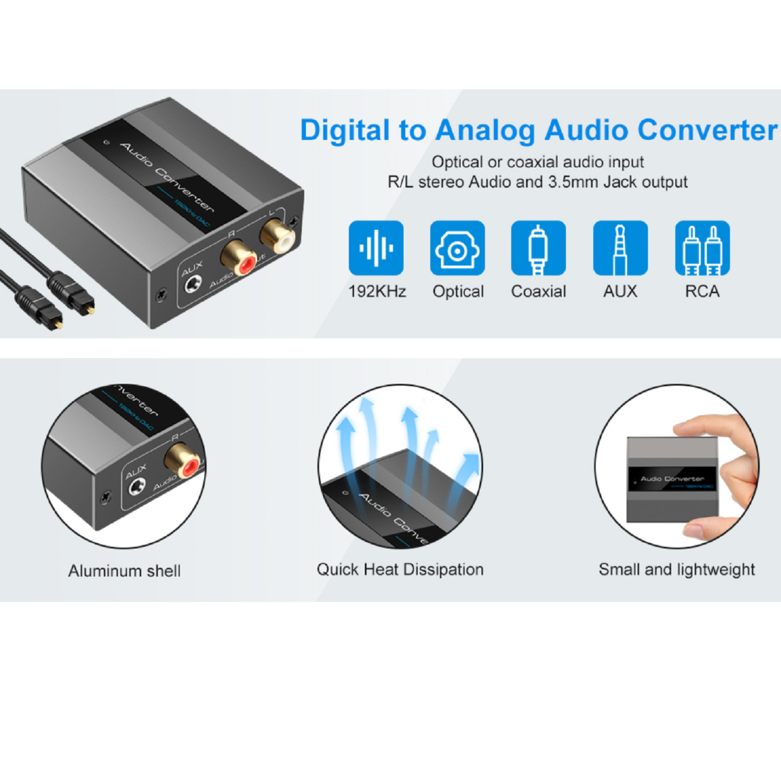 Digital Audio to Analog Audio Converter 192KHz DAC Converter With Jack Optical A