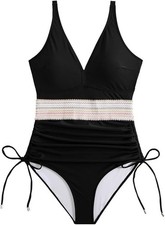 Women Tummy Control Ribbed Swimsuits V Neck One Piece Slimming Modest Swim wear