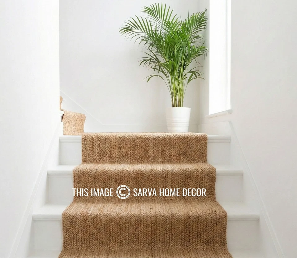 Natural Jute Stair Runner Carpet/ rug, Non-Slip Woven Hallway Stair Tread Rug - Image 2 of 4