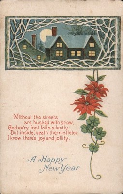 Happy New Year Winter Scene with Houses, Moon, Poem 1925 Walworth Vintage